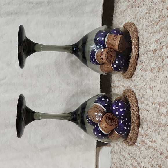Hand Crafted Black Tinted Wine Glass 2 Candle Holders Purple Toadstools - Picture 4 of 7